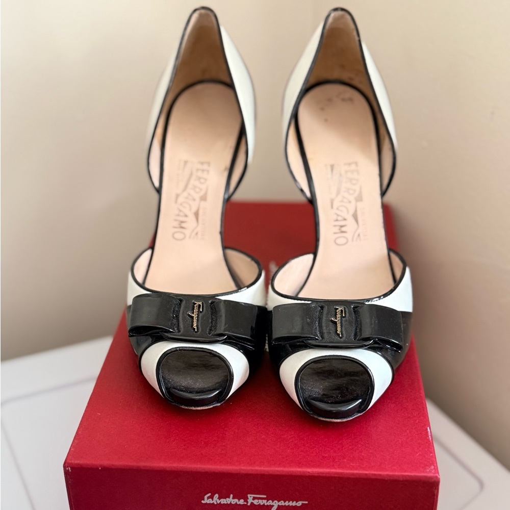 Salvatore Ferragamo Black and White Peep-Toe Heels